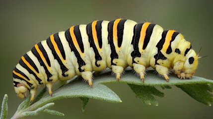 Naklejka premium Close-up of a vibrant striped caterpillar on a green leaf.