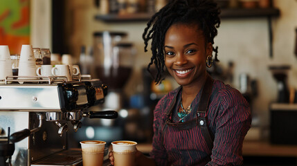 Young barista happily prepares two delicious takeaway coffees in a cozy coffee shop, creating intricate latte art with a warm smile