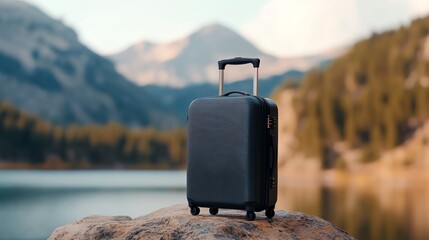 Compact suitcase by serene lake in nature setting.