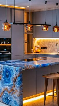 Modern kitchen featuring striking blue agate countertop and warm lighting
