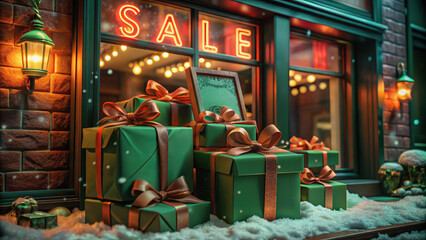 Fototapeta premium Christmas gift display with red and green sale tags, wrapped presents in snow-covered storefront, soft winter lighting, warm holiday atmosphere, festive sale