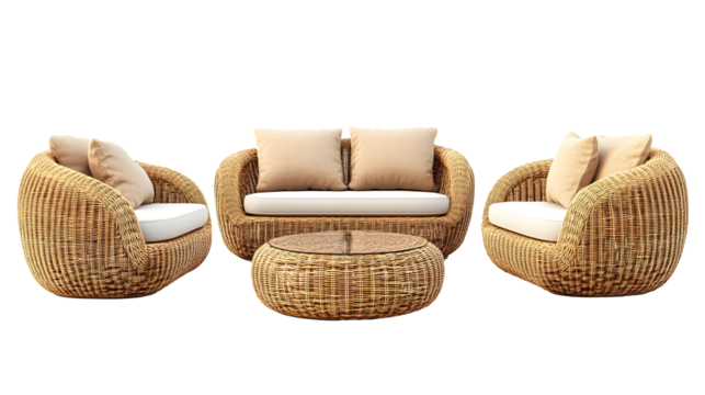 Set of outdoor garden rattan straw couches isolated on a white background