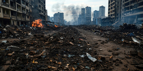 Obraz premium A desolate urban landscape shows destruction and debris, with smoke rising from fires amidst abandoned buildings.