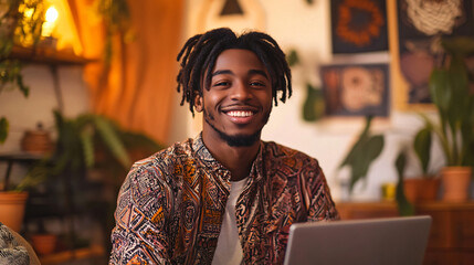 Portrait of a young artist smiling and using his laptop, working from his cozy home studio