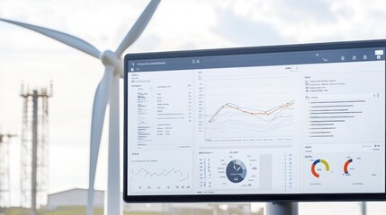 A monitor displaying graphs and charts with a wind turbine in the background.