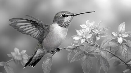 Fototapeta premium A delicate hummingbird perches on a branch, its wings spread wide, 