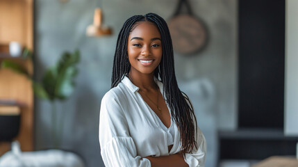 Confident and professional young black woman with braids smiling in a modern office environment, posing with folded arms