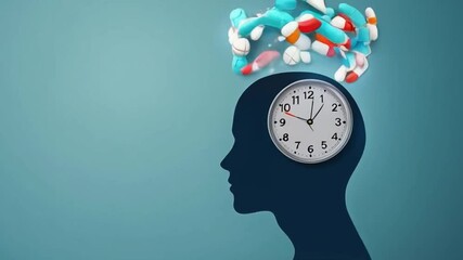 Time management and medication adherence, clock in head symbolizing scheduled pill intake