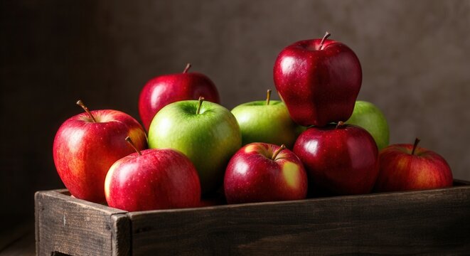 Fresh assorted apples in wooden crate on rustic background