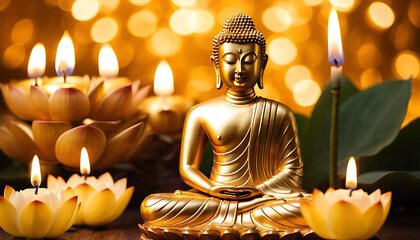 Fototapeta premium Thai golden Buddha statue and lotus flower. heaven background