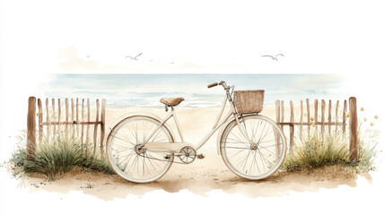 Obraz premium Vintage bicycle on a sandy beach pathway with ocean view and seagulls in watercolor design