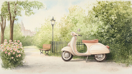 Vintage scooter in a serene park setting with blossoming flowers and classic lamp post