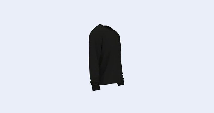 3D render 360&deg; video of a black long-sleeve sweatshirt mockup, ideal for ads, branding, and e-commerce. Unisex blank design with realistic fabric, perfect for logo or print customisation