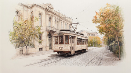 Naklejka premium Vintage tram in autumn urban setting with historic architecture and foliage