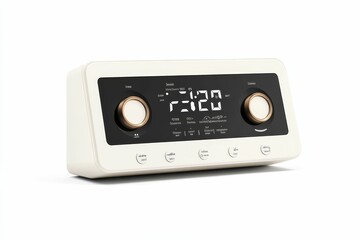 White clock radio with digital display.