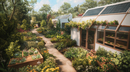 Sustainable greenhouse gardens with solar roofs and lush vegetation