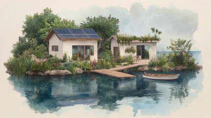 Obraz premium Eco-friendly floating houses with solar panels and green roofs by a tranquil lake