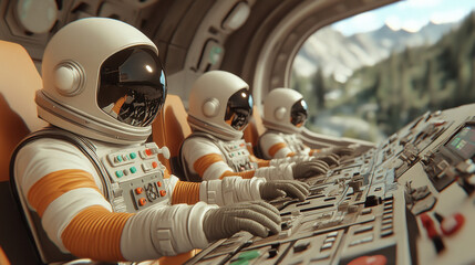 Space crew navigating futuristic spaceship through alien landscape