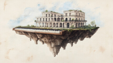 Obraz premium Surreal floating island with classical architecture and piano elements