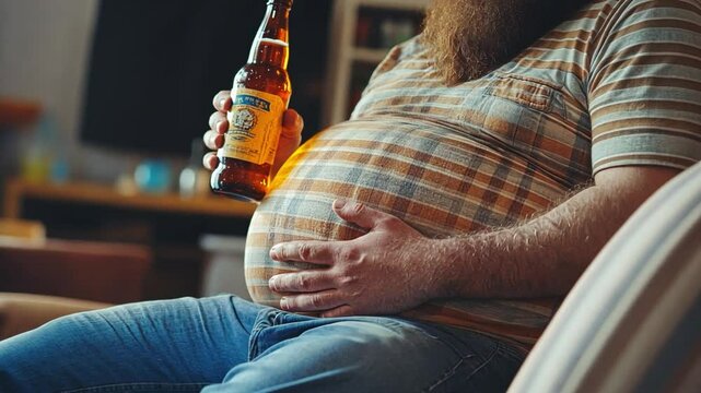 Overweight man sitting on sofa holding a beer bottle and his big belly