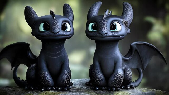 Two black dragons sit side by side on a rock, looking at each other