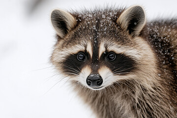 Close-up of a raccoon in snowy landscape showcasing its expressive eyes and distinctive markings during winter