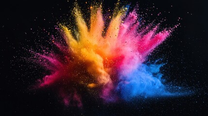 Naklejka premium Explosion of colored powder on a black background creating a vibrant and dynamic effect.