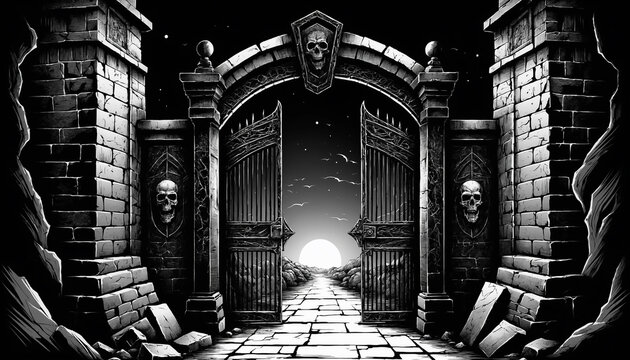 Black and white sketch engraving a dark old broken wall and gate with horrible dark night.