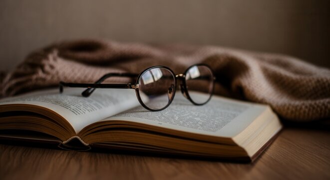 Cozy reading setup with open book glasses on wooden table