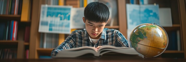 Young Student Focused on Reading a Book with a Globe in the Background