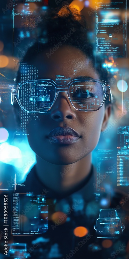 Poster An Innovative Business Professional thriving in a Digital Age explores the Future of Technology and AI, ushering in progress and transformation across industries and areas of expertise