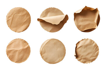 set of round old brown paper stickers isolated transparent background 