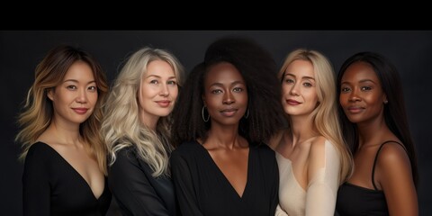 A diverse group of women posing for a portrait against a black background, embodying beauty, confidence, and empowerment. Their fashion and style reflect modern multicultural unity and solidarity