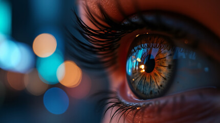 Naklejka premium cllose upeye showing night reflections, Ai generated