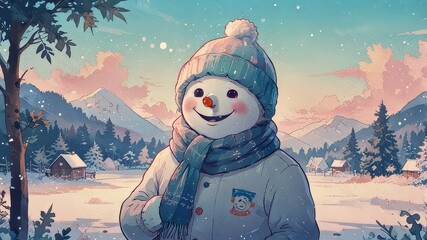 Winter holiday banner - Close-up of a laughing snowman in a wool hat and scarf, on a snowy landscape with bokeh lights and sunlight