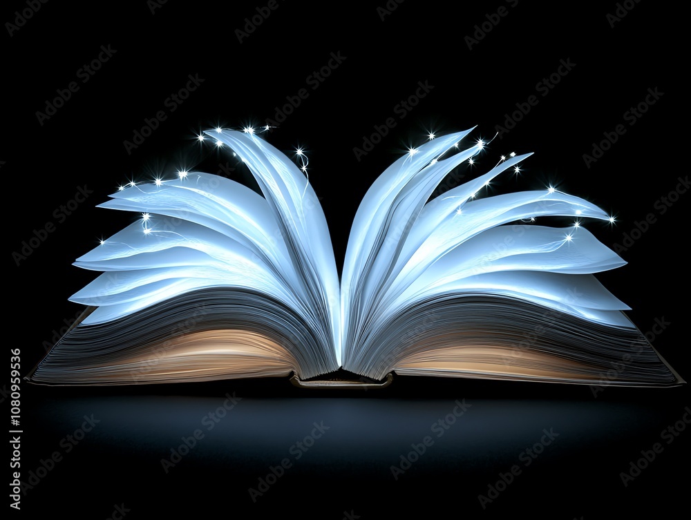 Poster an open book with glowing pages against a black background.