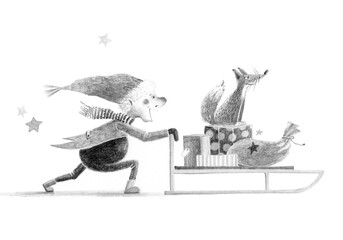 Gnome pushing the Sled with Presents. Christmas Hand Drawn Illustration  Isolated on White