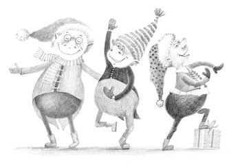 Group of Gnomes. Christmas Hand Drawn Illustration  Isolated on White