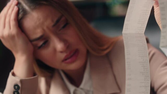 Shocked stressed Caucasian businesswoman female girl frustrated businesswoman office worker holding large bill payment unpaid taxes store receipt debt problem budget accounting bankruptcy shock indoor