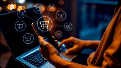 Business ecommerce concept. Person use smartphone and laptop with online shopping cart icon on virtual screen