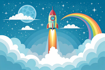 Fototapeta premium A colorful rocket launches through clouds under a vibrant rainbow and starry sky, symbolizing adventure and exploration.