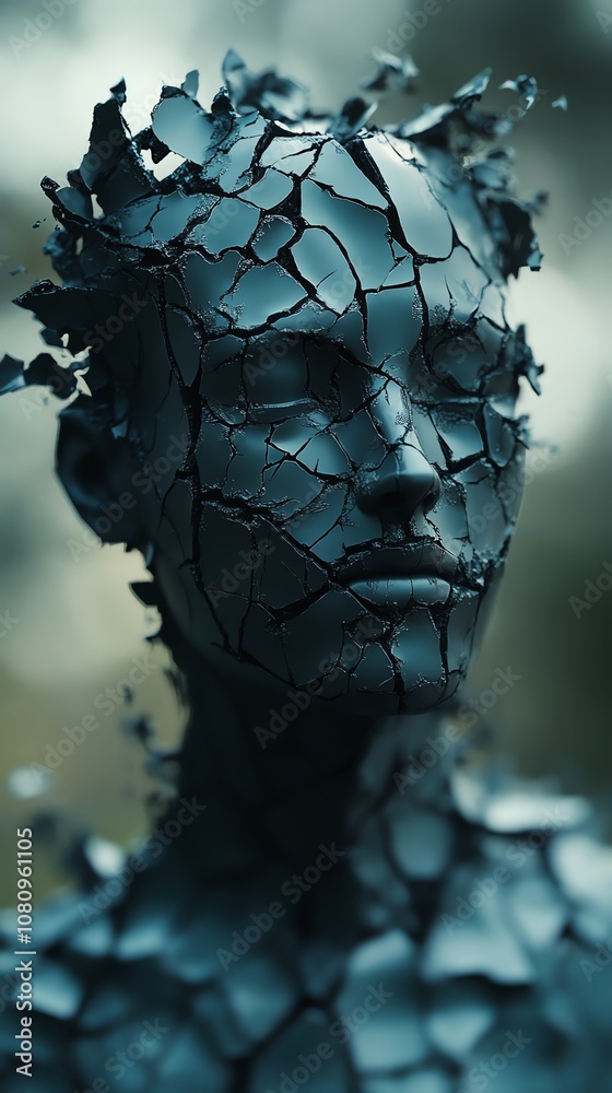 Poster A 3D rendering of a human head with a cracked and broken surface, symbolizing fragility and vulnerability.