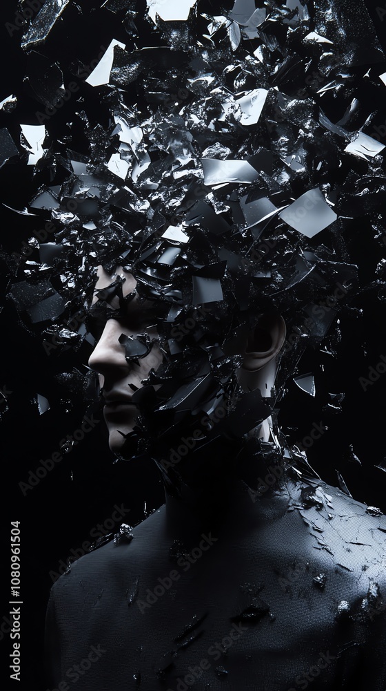 Poster A 3D rendered image of a human figure with their head being fragmented into pieces on a dark background.