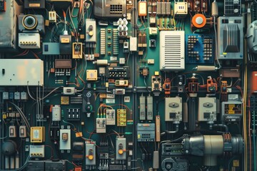 A chaotic and colorful assortment of electronic components and wires densely packed together on a green background.
