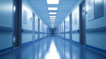 Obraz premium A pristine hospital corridor with sterile floors, bright lights, and clean signs pointing to different wards -