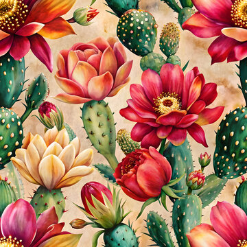 Modern Cactus Flowers and Leaves Pattern. Perfect for: Minimalist decor, luxury events