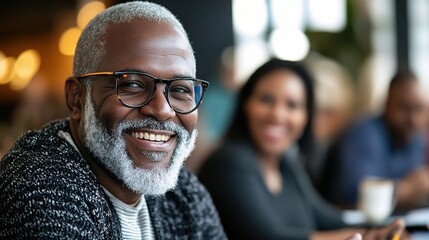 A group of successful business professionals smiling and engaging in a collaborative environment, showcasing positivity and teamwork in a modern office setting.
