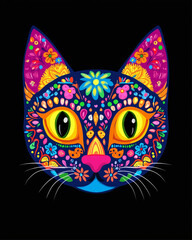 A vibrant cat design featuring detailed floral patterns on dark background.