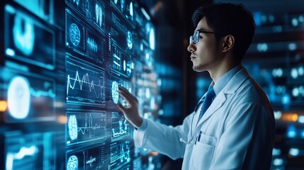 A profile shot of an Asian male doctor, engaged with floating holographic graphs showing patient outcomes and treatment options