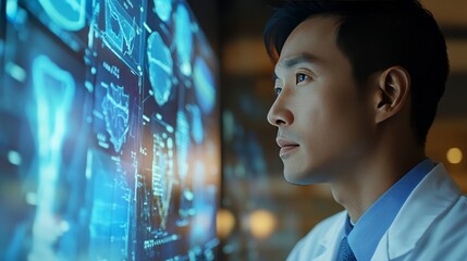 A profile shot of an Asian male doctor, engaged with floating holographic graphs showing patient outcomes and treatment options